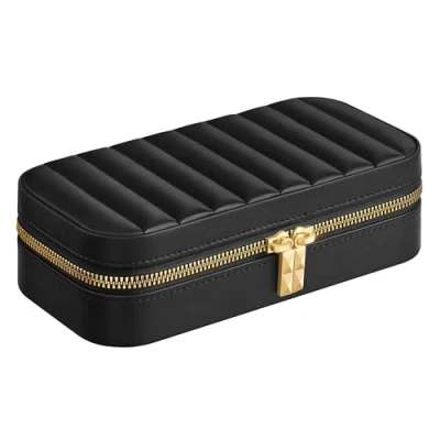 Bild av Songmics Home Anah Collection Resesmyckeskrin, litet smyckeskrin, organiserare med spegel, 10,5 x 20,5 6 cm, PU yta sömnad, bärbar, blixtlås, presentidé, bläcksvart, JBC180B01