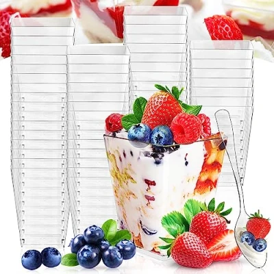 Bild av NCKIHRKK 60 stycken dessertglas, 160 ml dessertskålar, set med skedar, återanvändbara dessertkoppar plast för dessertfest, pudding mousse, glassbägare