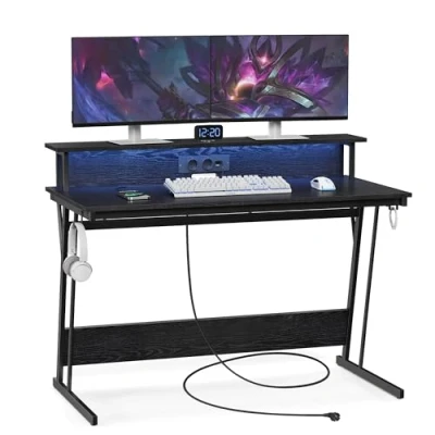 Bild av VASAGLE Skrivbord, gamingbord med inbyggd strömförsörjning, datortabell, monitorställ för 2 skärmar, sovrum, 60 x 120 76 cm, ebenholts svart LWD192B56.