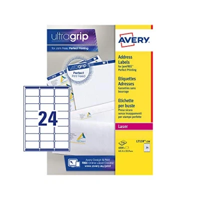 Bild av Avery Självhäftande adressetiketter (Amazon FBA streckkodsetiketter), laserskrivare, 24 etiketter per ark, 6000 etiketter, QuickPEEL (L7159), vit