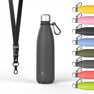 Bild av Daikoku Stainless Steel Bottle + Justerbar rem karbinhake, BPA Free Double Walled Thermos, återanvändbar vattenflaska, lufttät lock, färg grå, kapacitet 500 ML