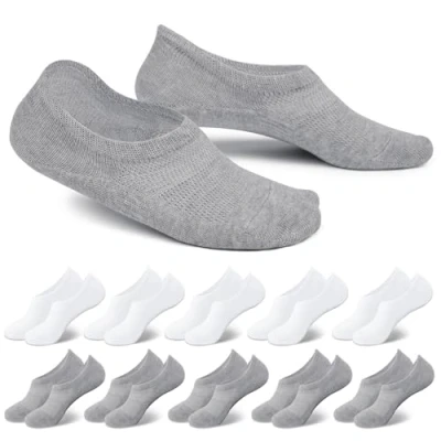 Bild av EKSHER 10 par No Show sneakers strumpor osynliga kvinnor män korta bomullsstrumpor fötter halkfria andas, 5 x vit + grå, 35 38 EU