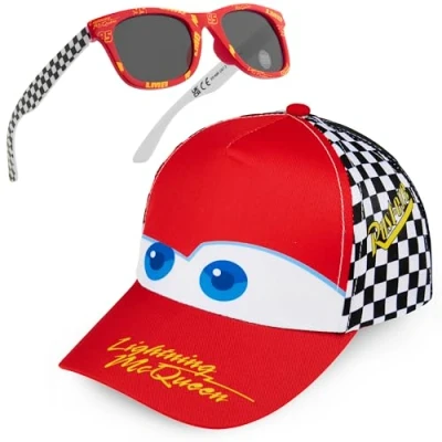 Bild av Get Trend solglasögon baseballkeps set för barn andningsbar justerbar sommarhatt solhatt UV400 sommar resor nödvändigheter, Röd/vit blixt McQueen, one size