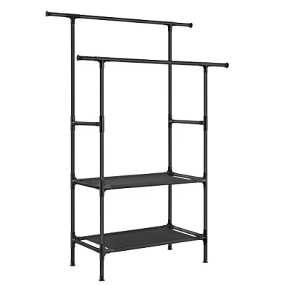 Bild av SONGMICS Klädstång, Klädställ, Klädtorkstång, Metallstativ med 2 hängskenor och förvaringshyllor, Max. Belastning 70 kg, Enkel montering, Svart RDR002B02