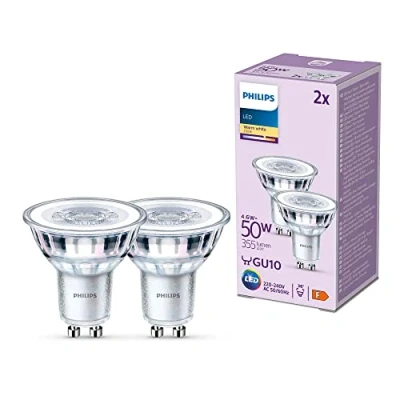 Bild av PHILIPS LED Classic spotlight multipack: 4,6W (50W), GU10, Varmvitt 2700 Kelvin, Klart glas, 355 lumen, Ej dimbar, 15000 timmar livslängd, 2 pack Vit, 929001215292