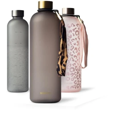 Bild av MAMEIDO dricksflaska 1,5l kolsyra lämplig, läckagesäker med tidsmarkör som drickspåminnelse, vattenflaska BPA fri för sport (Urban Taupe Gold, 1500ml)
