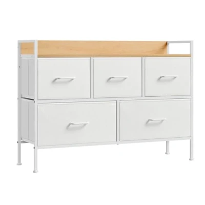 Bild av SONGMICS byrå, skåp, 5 tyglådor med handtag, metallram, industriell design, molnvit ekbeige LTS135W01