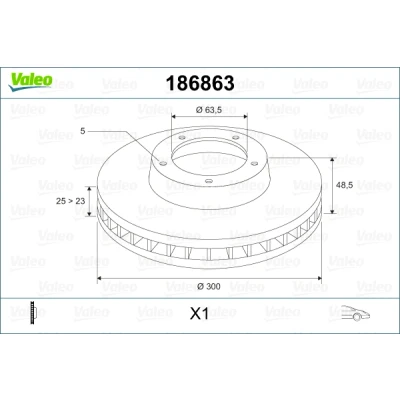 Bild av VALEO 186863 Disque de frein Essieu avant 300 25 5 ventilé FORD: KUGA 1, FOCUS 3, C Max, VOLVO: C70 2 Cabriolet, V40 3/5 portes, V50