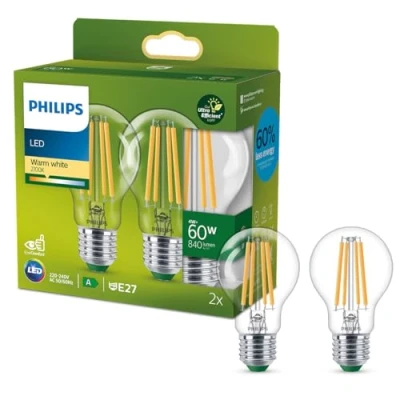 Bild av Philips Ultra Efficient Extremt energisnål klassisk ljuskälla, LED 60W, E27, A60, Klart glas, varmvitt ljus, 2700 kelvin, dimbar, 2 pack