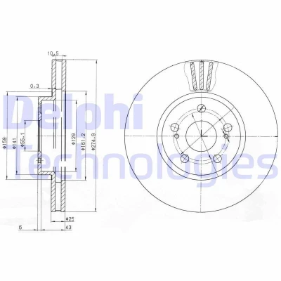 Bild av DELPHI BG3823 Disque de frein 275 25 5 ventilé huilé non traité sans roulement roue, bague ABS TOYOTA: Celica VII Coupe