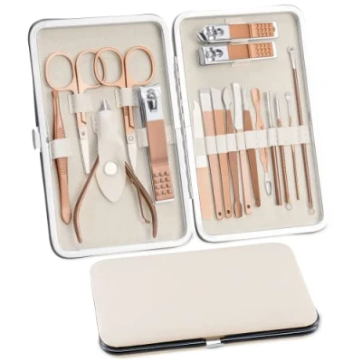 Bild av Manikyrset, 18 delar nagelvård, set, pedikyrvård, set för kvinnor, nagelklippare i rostfritt stål, nagelset, nagelfodral, skönhetskit, bärbar resor (roséguld)