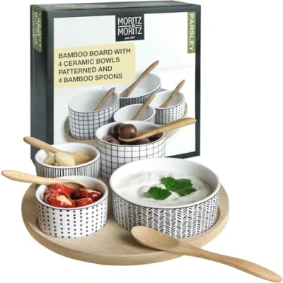 Bild av Moritz &amp; serveringsset Parsley i 9 delar för tapas, snacks, förrätter, dippar keramiska skålar serveringsbricka, sked, bambu