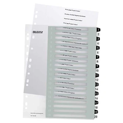 Bild av Leitz WOW Utskrivbart register, A4, extra brett, 20 numrerade flikar, polypropen, vit/svart, 12170000