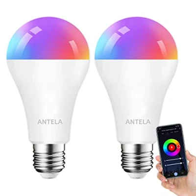 Bild av ANTELA Smart Wifi Glödlampa E27 /12W/1320 Lumen/16 Miljoner Färger/2700 6500K, Smarta Lampor Kompatibel med Alexa/Google Home,Fjärrstyrning,Scheman och Timers,2 Pack