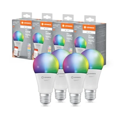 Bild av LEDVANCE SMART+ MATTER LED ljuskälla, vit frostad, 14W, 1521lm, klassisk glödlampsform med E27 sockel, färgljus och vitt ljus, app eller röststyrning, livslängd upp till 20 000 timmar,4 pack