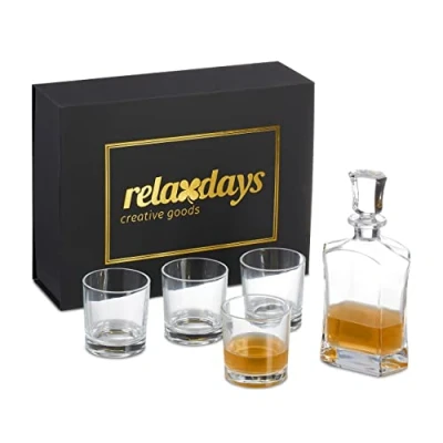 Bild av Relaxdays Whisky set, 5 delar, whiskykaraff 700 ml, 4 whiskyglas 345 presentförpackning, konjak karaff, transparent, 100% glas