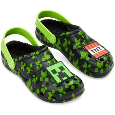 Bild av Minecraft Pojktofflor med plyschfleecefoder och berlocker, perfekta som trädgårdstofflor eller barntofflor, Svart grön, 32/33 EU