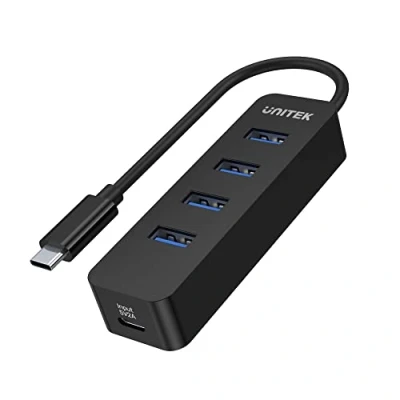 Bild av UNITEK Active Hub 10 W med integrerad 15 cm kabel USB C plugg portar 4 x 3.1 och 1 5V2A Omedelbar dataöverföring på upp till 5 Gbps säker laddning Plug and Play