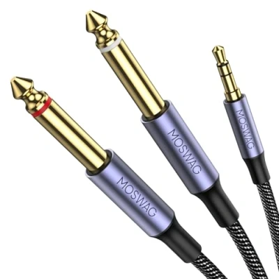 Bild av MOSWAG 3,5 mm 1/8 tum TRS hane till 2 x 6,35 1/4 TS mono stereo 10 m Y splitterkabel kompatibel för hemstereosystem, bärbar dator, förstärkare, ljudinspelare mixer, MP3, etc