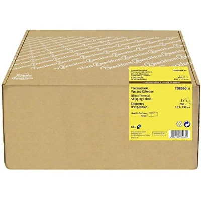 Bild av AVERY Specialform TD8060 25 termodirekt borttagningsetiketter (103 x 199 mm, 700 självhäftande paketdekal på 2 rullar med en kärna termoetiketter för skrivbord etikettskrivare) vit