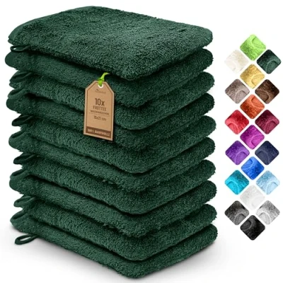 Bild av NatureMark 10 pack frottétvätthandskar, tvättlappar, 100 % bomull, mörkgrön, 15 x 21 cm