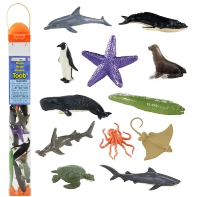 Bild av Safari Ltd. Ocean TOOB 12 miniatyrfigurer: sjölejon, örnrocka, sjöstjärna, sköldpadda, pingvin, bläckfisk, vale, muräna, hajar och delfin pedagogiska leksaksfigurer för barn från 3 år