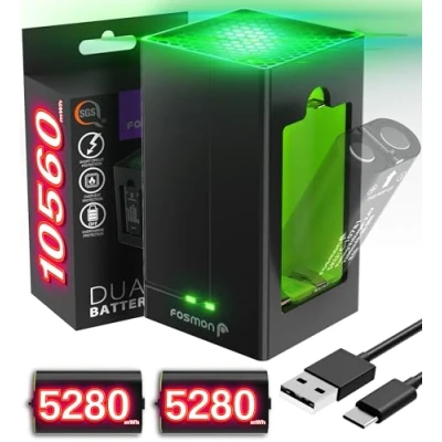 Bild av Fosmon 2,4 V, 2 200 mAh, uppladdningsbart Xbox batteri (2 batterier) kit och LED snabbladdningsstation, kompatibel med Series X/S, One/One X/One S Elite