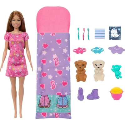 Bild av Barbie docka och lekset med två leksakshundar fler än tio tillbehör, valppyjamasparty färgförändringsfunktion, sovsäck, ögonmasker mera, HXN01