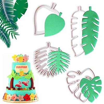 Bild av blad kakskärare set, 4 stycken kakmått med tropiska kaksformar av plast för gör det själv tårta dekoration kakor fondant