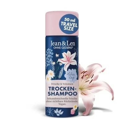 Bild av Jean &amp; Len Mini Dry Shampoo Freshness Volume, inga feta rötter, vita rester, doftar lilja, för fint hår utan volym, resestorlek, parabener silikoner, vegan, 50 ml