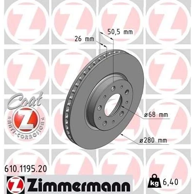 Bild av ZIMMERMANN COAT Z 610.1195.20 Disque de frein 280 26 10/5 5 108 ventilé l&#039;intérieur revêtu VOLVO: V70 I, C70 I Coupe, S70