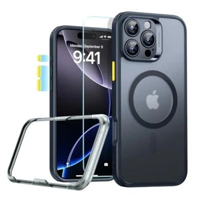 Bild av ESR för iPhone 16 Pro fodral (4 i 1) set, genomskinligt matt med skärmskydd, kompatibel MagSafe, skydd militärkvalitet, klassisk serie, frostad svart
