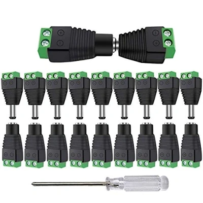 Bild av Aiqeer 25 par 12 V/24V DC manliga kontakter set, 5,5 x 2,1 mm strömförsörjning plugg adapter skruvterminal kontakt, för CCTV LED kamera band (grön)