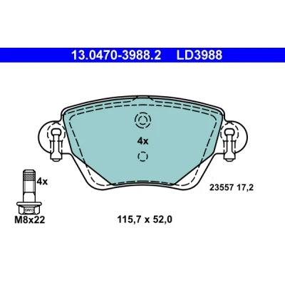 Bild av ATE Ceramic 13.0470 3988.2 Jeu de plaquettes frein non préparé pour indicateur d&#039;usure, contact signal d&#039;usure exclu avec vis d&#039;étrier