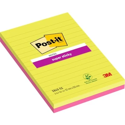 Bild av Post it 5845SSU Super Sticky Notes (127 x 203 mm, linjerad) 4 block med 45 blad, neongrön, ultrarosa