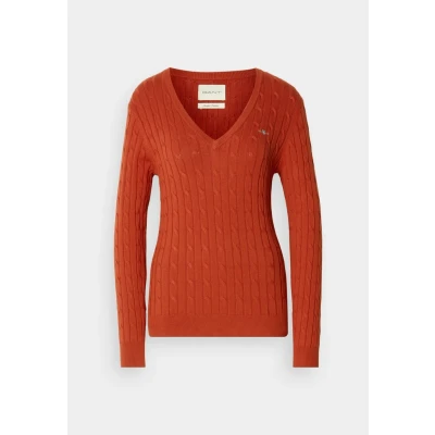 Bild av GANT Stretch Cable Vneck Stickad tröja, Storlek: Small, Modern rust
