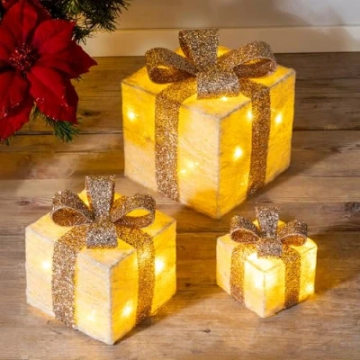 Bild av Spetebo LED presentlådor med timer, set om 3 gräddvit jul dekorativa lådor varmvit upplysta adventsvinter julgran dekorativ belysning batteridriven