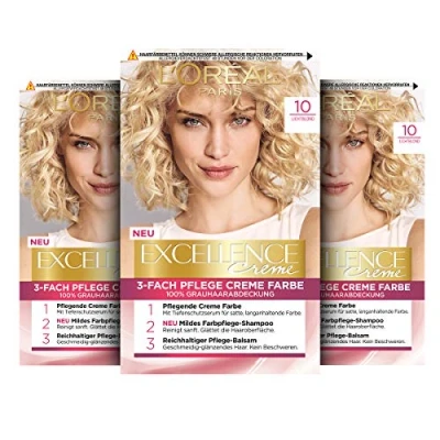 Bild av L&#039;Oréal Paris permanent hårfärg, 100% grått hårskydd, hårfärgningsset med färgning, schampo och 3 vägs vård krämfärg, Excellence Creme, 10 ljusblond, x 268 g