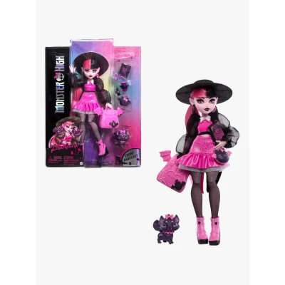 Bild av Monster High Draculaura docka med fladdermuskatten Count Fabulous och tillbehör som ryggsäck, trollformelbok, bentolåda mera, HRP64