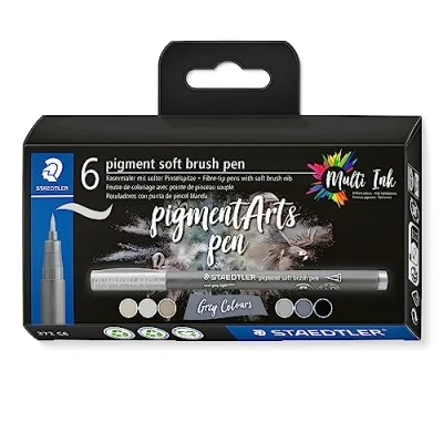Bild av STAEDTLER soft brush pen pigment Arts, Grey Colours&quot;, pigmenterad premium tecknat, mjuk penselspets för särskilt variabla linjebredder, vattentät, 6 penselpennor i kartongfodral, 372 C6