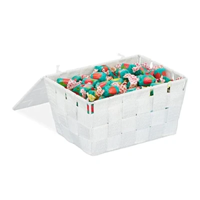 Bild av Relaxdays Förvaringskorg med lock, flätutseende, badrum arrangör H x B D: 10,5 19,5 14,5 cm, plast, vit