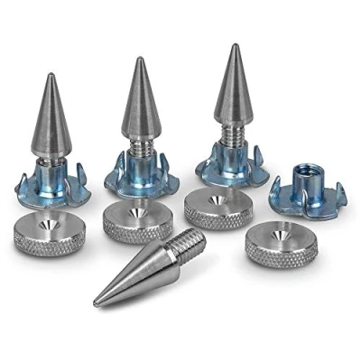 Bild av PrecisionGeek Högtalare spikes dynor set aluminium, 4 stycken M6 spikar, 16 mm diameter räfflade och delar träinsatser