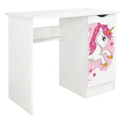 Bild av Leomark Vitt barnskrivbord UV tryck rosa Enhörning skrivbord, datormöbelset, laptopbord, Barnstudiebord, träskrivbord för hem/kontor, modern stil, lärande och spelbord, höjd: 77 cm