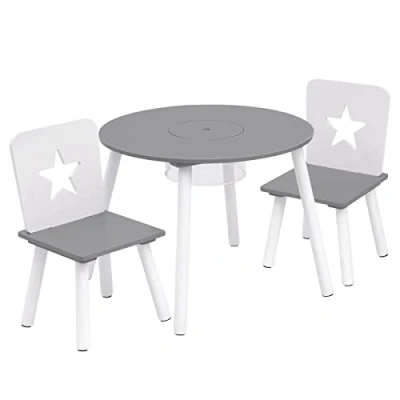 Bild av WOLTU SG012 Barngrupp, 1 barnbord och 2 barnstolar, med förvaringsutrymme, av furu, massivt trä, runt bordsmöbler för barn, grå + vit