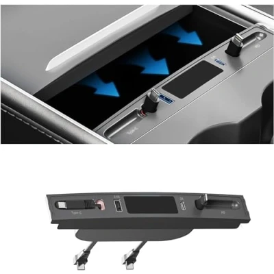 Bild av OBEST Bil USB laddare, Gäller för Tesla Modèle 3/Y, HUB Central Console Adapter, Multi Face Quick Charge, Automatisk infällbar laddningskabel, LED skärm