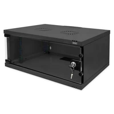 Bild av DIGITUS Nätverksskåp 19 tums rack 4 U omonterat väggmontering 400 mm djup lastkapacitet 60 kg glasdörr SOHO serien svart
