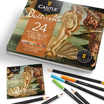 Bild av Castle Arts 24 färgpennor med tema i plåtask, perfekta Botticelli inspirerade färger. Mjuka kärnor av hög kvalitet, överlägsen blending och lager på som ger fantastiska resultat