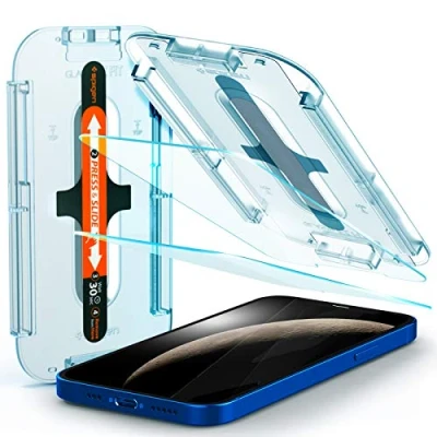 Bild av Spigen Glas.tR EZ Fit Skärmskydd kompatibel med iPhone 12, 12 Pro, 2 Stycken, Sjabloon voor Installatiem, Kristallklart, Responsiv Touch, Case friendly, 9H härdat glas