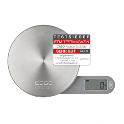 Bild av CASO Kitchen EcoMate Design köksvåg, batteridriven användning tack vare kinetisk energi, särskilt platt, magnetisk, upp till 5 kg i 1 g steg, vägningsyta av rostfritt stål (Ø 11,5 cm)
