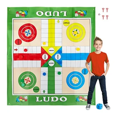 Bild av Relaxdays 10030902 XXL, stort brädspel matta inklusive 16 spelstenar, 2 tärningar &amp; 4 pinnar trädgård Ludo, 160 x 180 cm, färgglad
